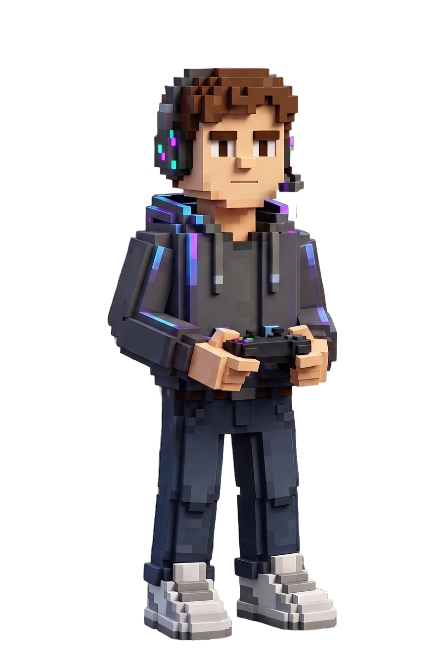 Voxel figurine of a man in a headset, controller in hand