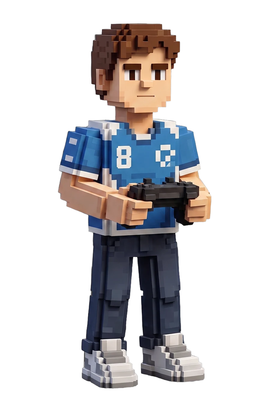Voxel figurine of a gamer in a blue team jersey, controller in hand