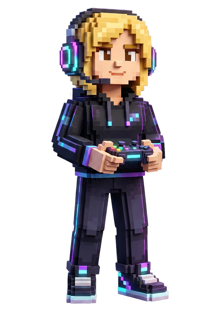 Voxel figurine of a woman in a headset and a neon-lit hoodie, controller in hand