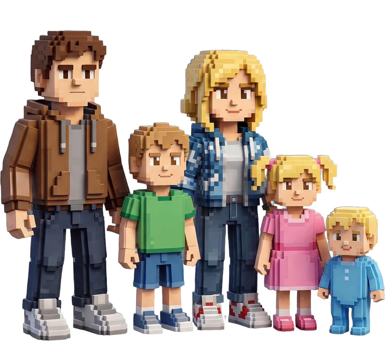 Voxel figurine of a family of five, two parents and three children, on one shared base
