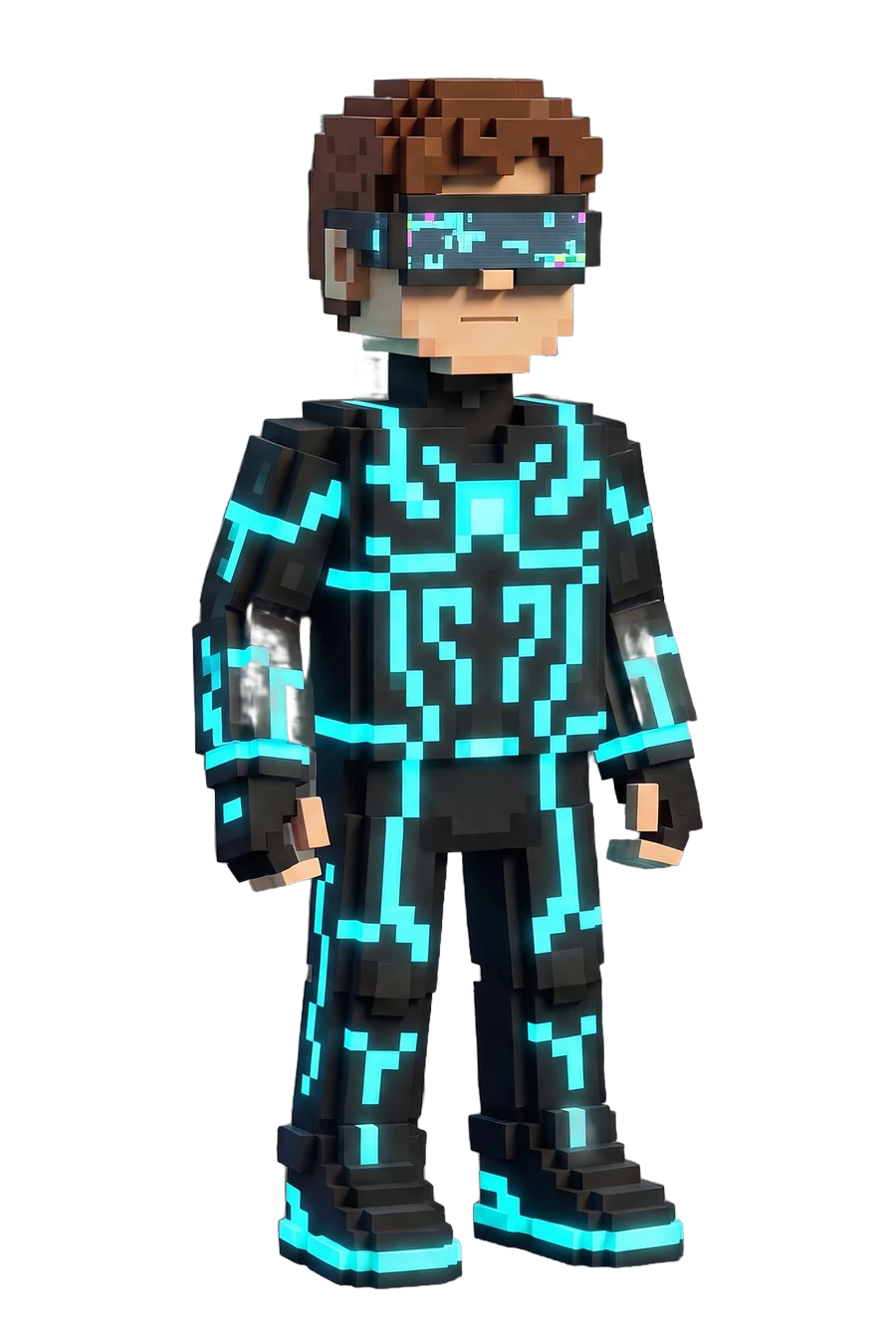 Voxel figurine of a hero in a black suit lined with cyan circuitry