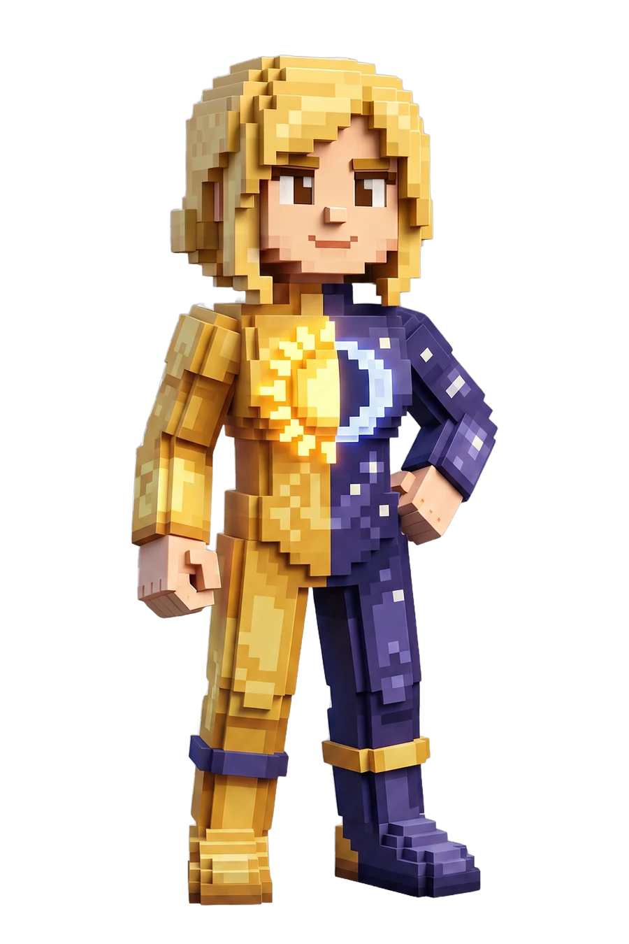 Voxel figurine of a heroine in gold and purple armour