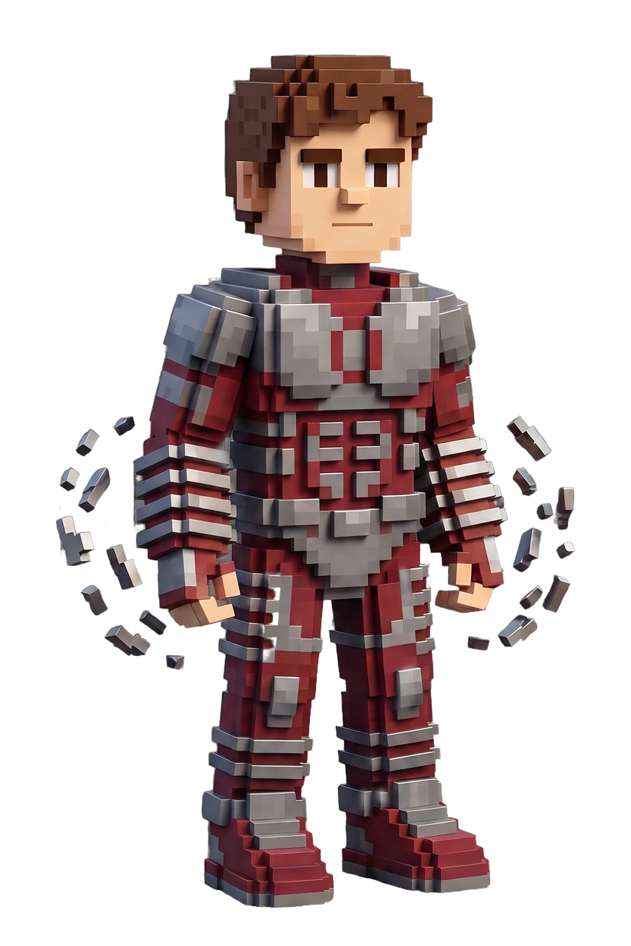 Voxel figurine of a hero in red and grey armour with floating metal shards