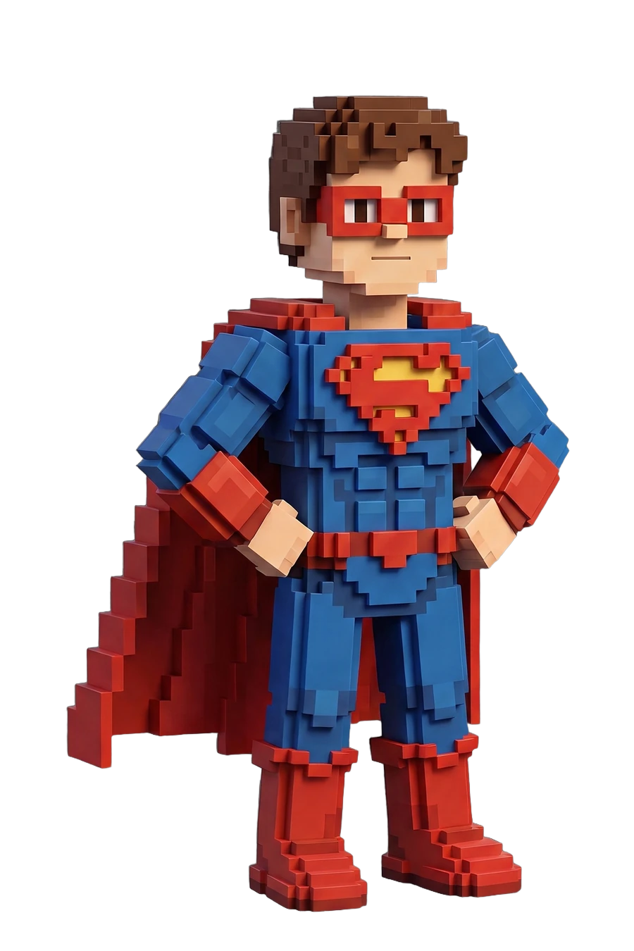 Voxel figurine of a superhero in a blue suit, red cape and mask