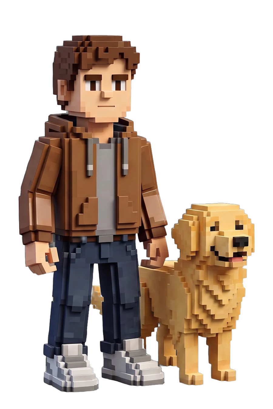 Voxel figurine of a man and his golden retriever on one shared base