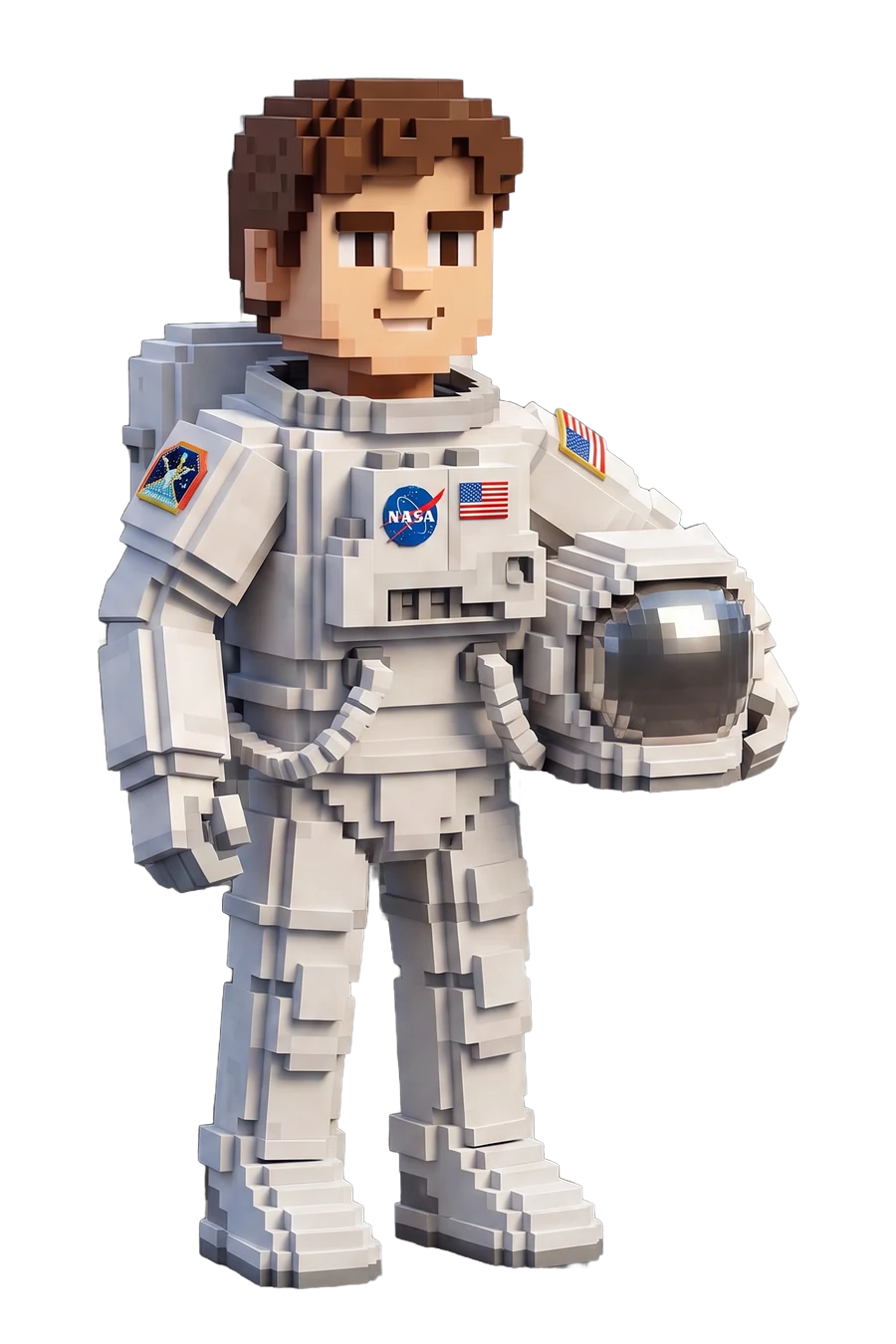 Voxel figurine of an astronaut in a white suit, helmet under one arm