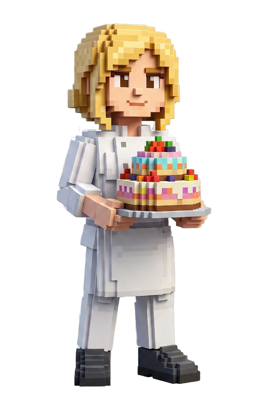 Voxel figurine of a baker in white, carrying a tiered cake