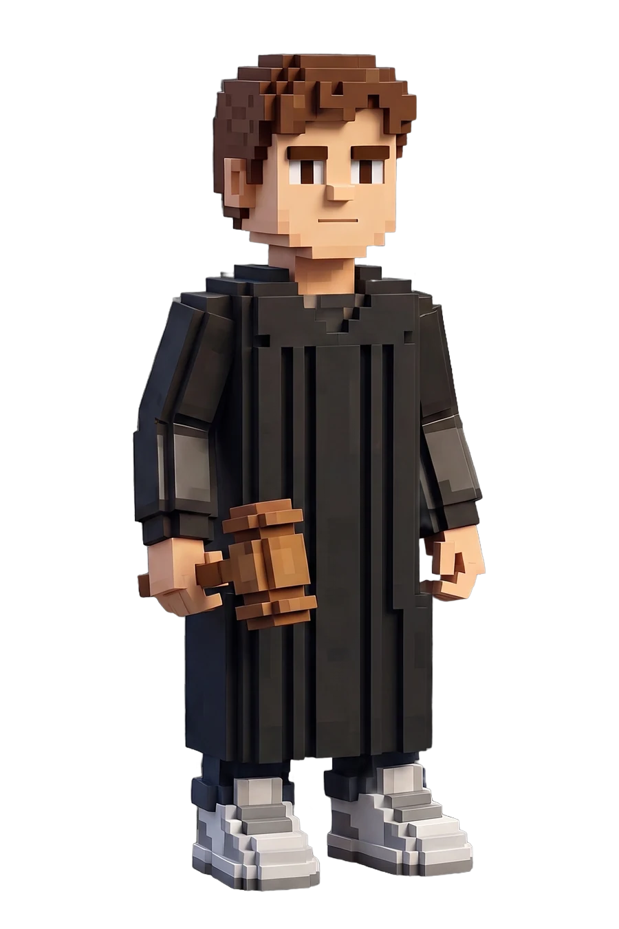 Voxel figurine of a judge in a black robe, gavel in hand