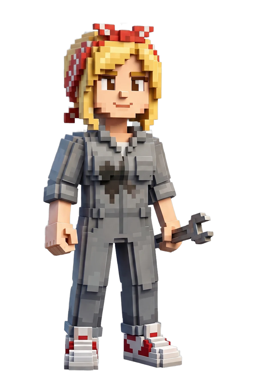 Voxel figurine of a mechanic in grey overalls, wrench in hand