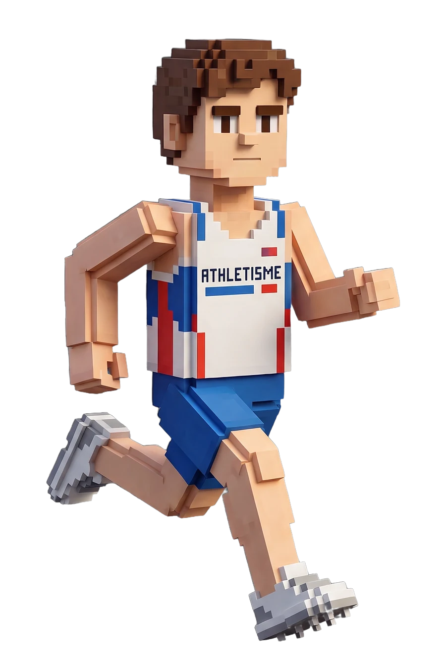 Figura voxel de un corredor con camiseta de atletismo, en plena zancada