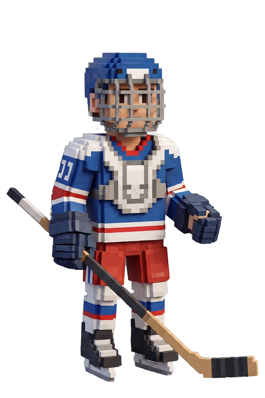 Figura voxel de un jugador de hockey sobre hielo con protecciones y stick
