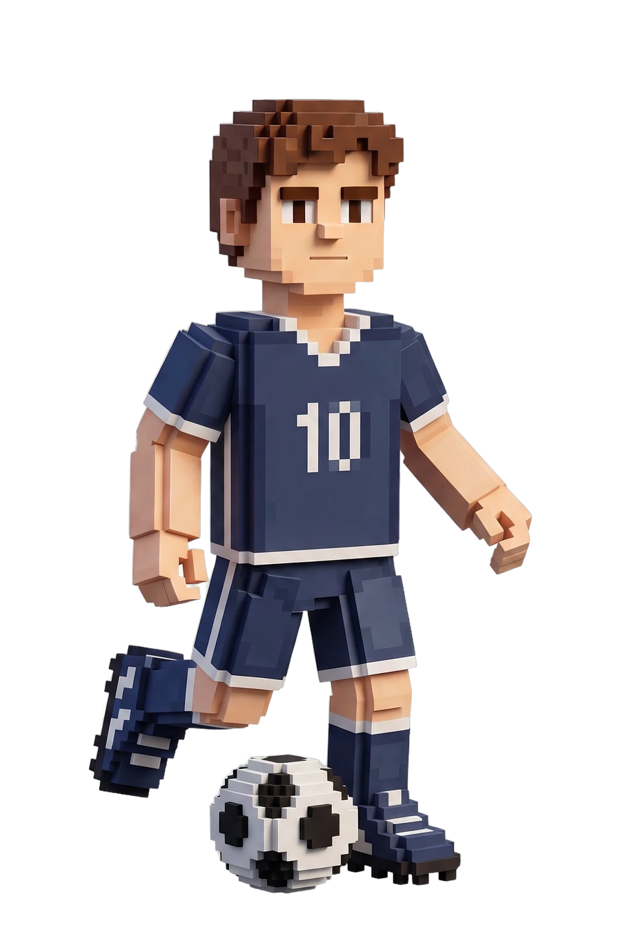 Voxel figurine of a soccer player, foot on the ball