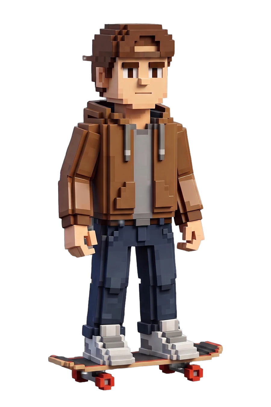 Figura voxel de un skater con chaqueta marrón, de pie sobre la tabla