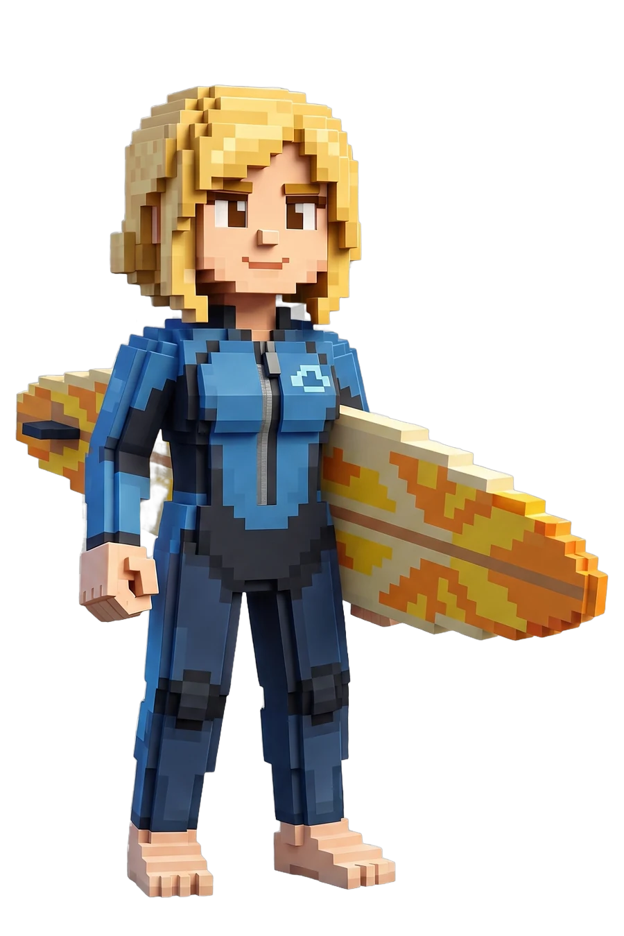 Figura voxel de una surfista con traje de neopreno y la tabla bajo el brazo