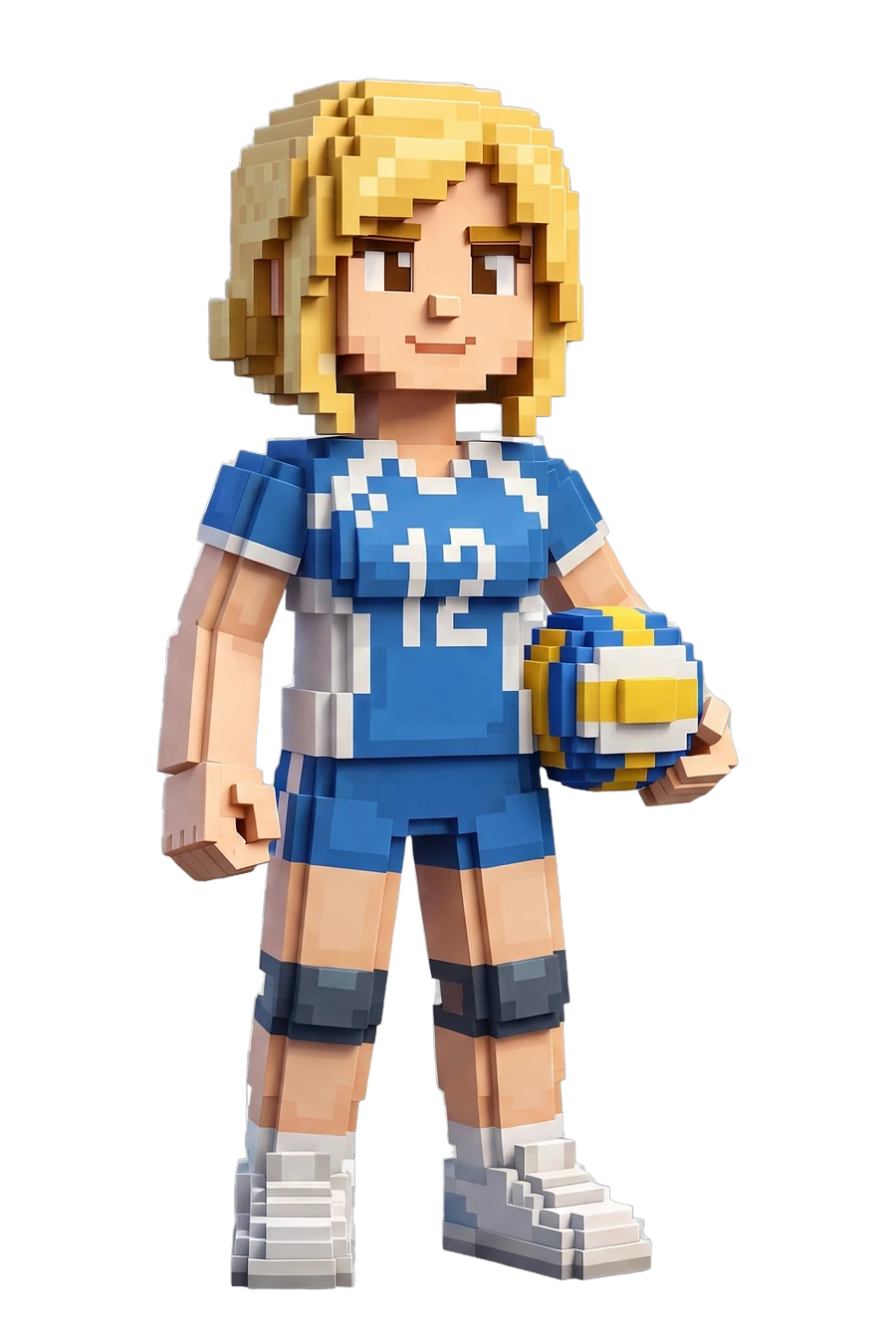 Figura voxel de una voleibolista con equipación azul y el balón en la cadera