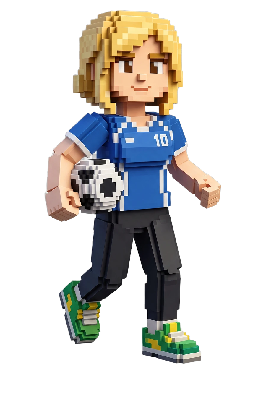 Voxel figurine of a woman soccer player, ball under her arm