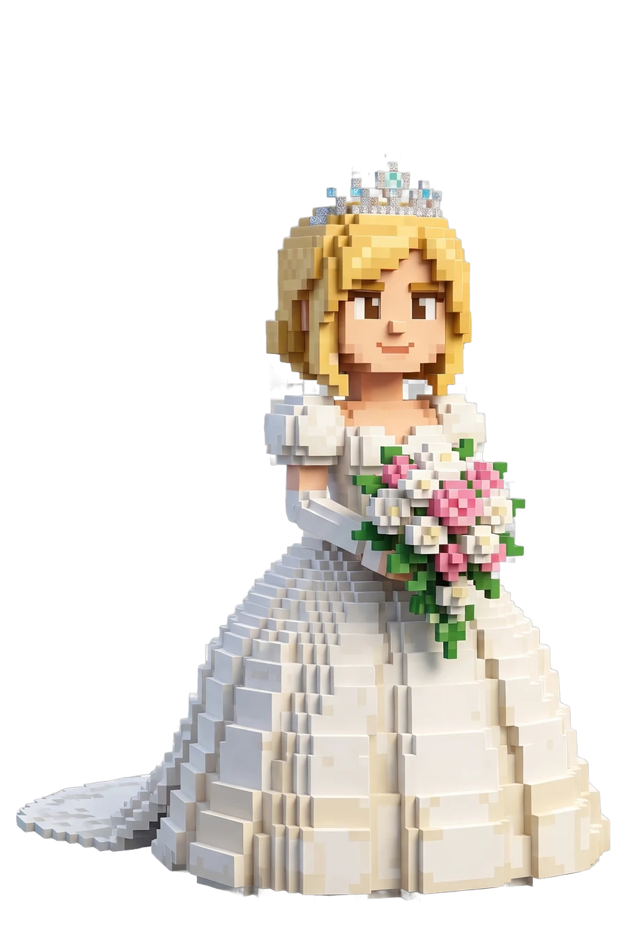 Voxel figurine of a bride in a full gown and tiara, bouquet in hand