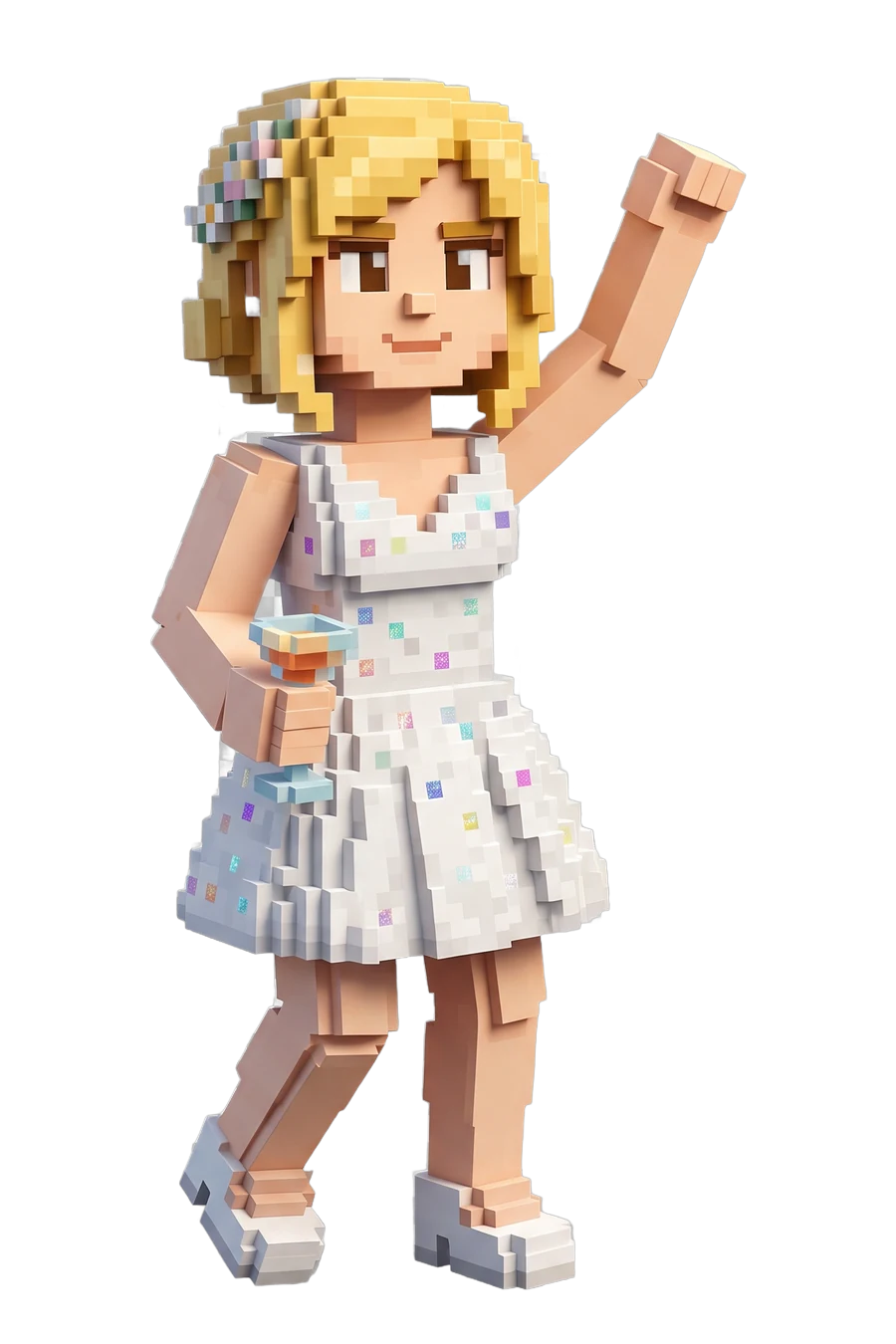 Voxel figurine of a guest in a white party dress, one arm in the air
