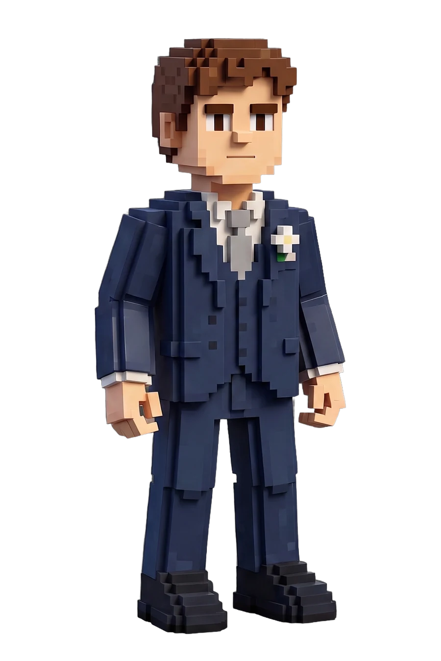Voxel figurine of a groom in a navy three-piece suit