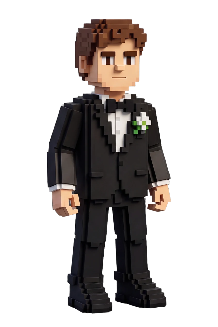 Voxel figurine of a groom in a black tuxedo with a white flower