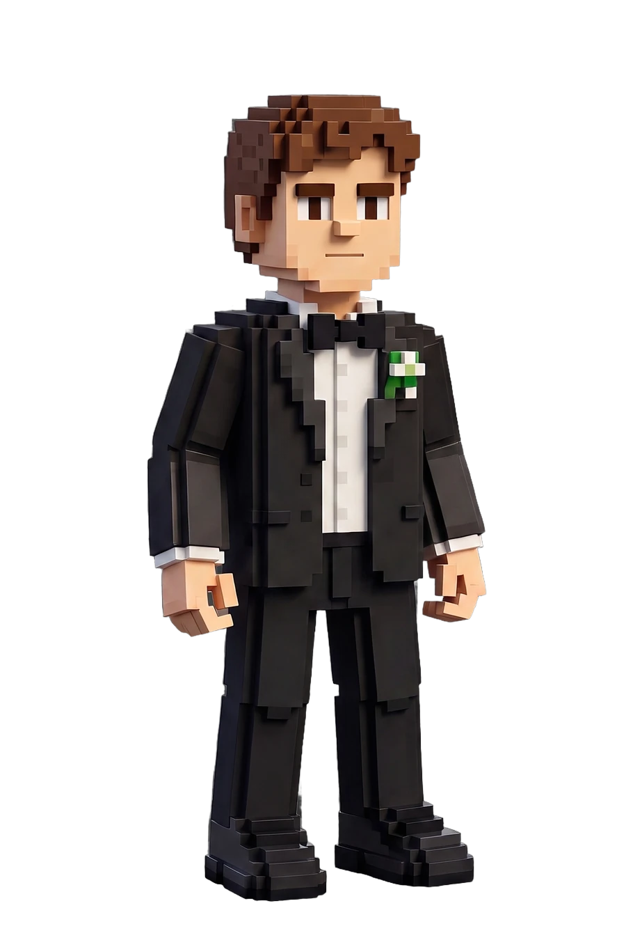 Voxel figurine of a groom in a black tuxedo and bow tie