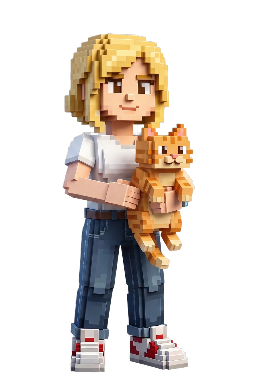 Voxel figurine of a woman holding her ginger cat