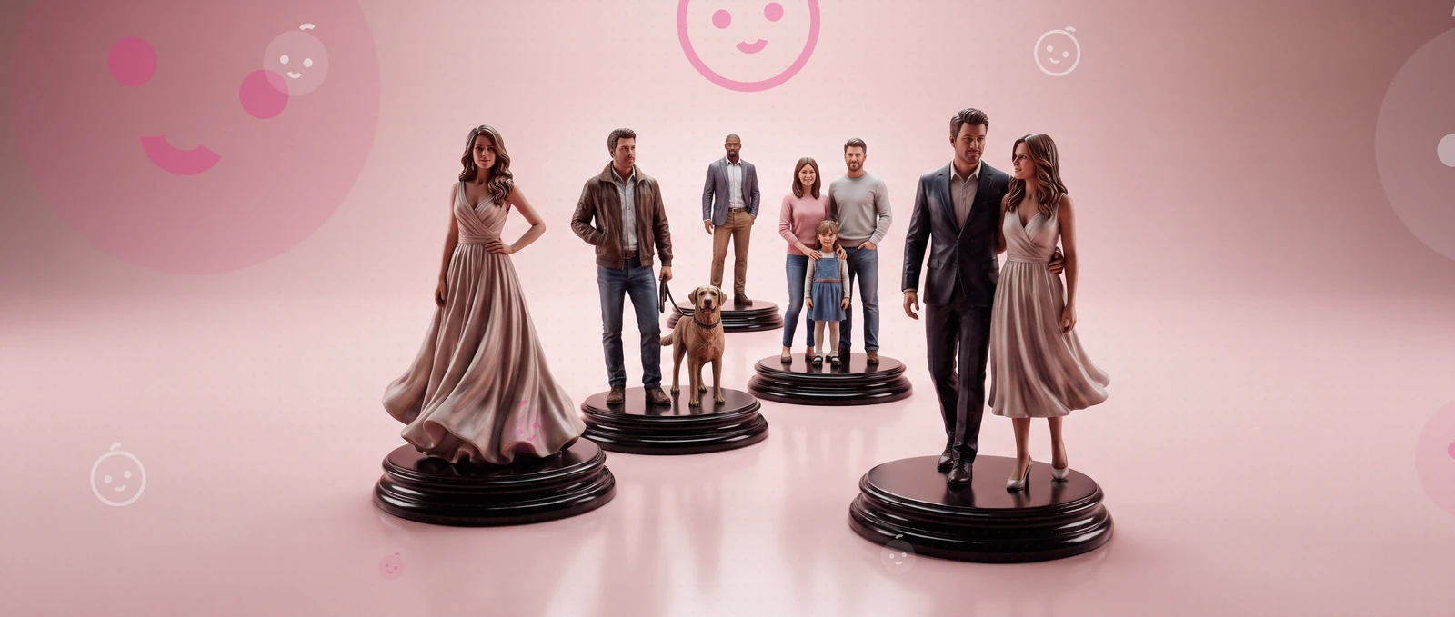 Varias figuras sobre su base: una mujer con vestido largo, un hombre con su perro, una familia de tres, una pareja.