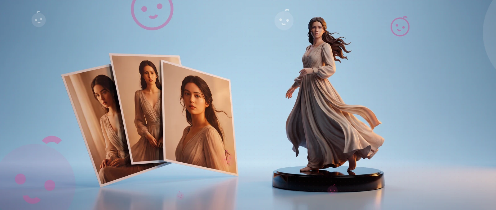 Tres fotos de la misma mujer, junto a la figura impresa a partir de ellas.