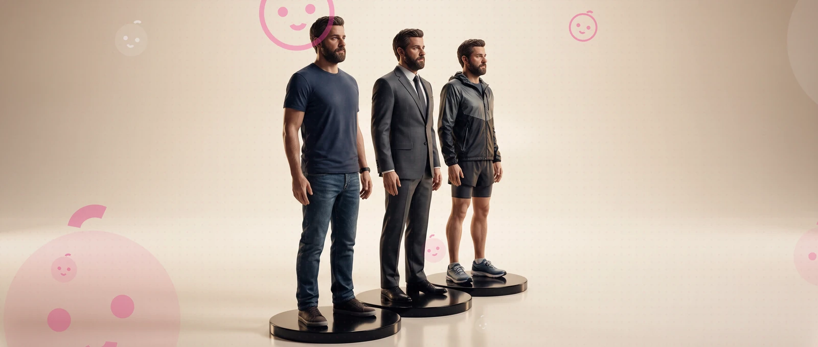 El mismo hombre en figura tres veces: camiseta y vaqueros, traje, ropa de correr.