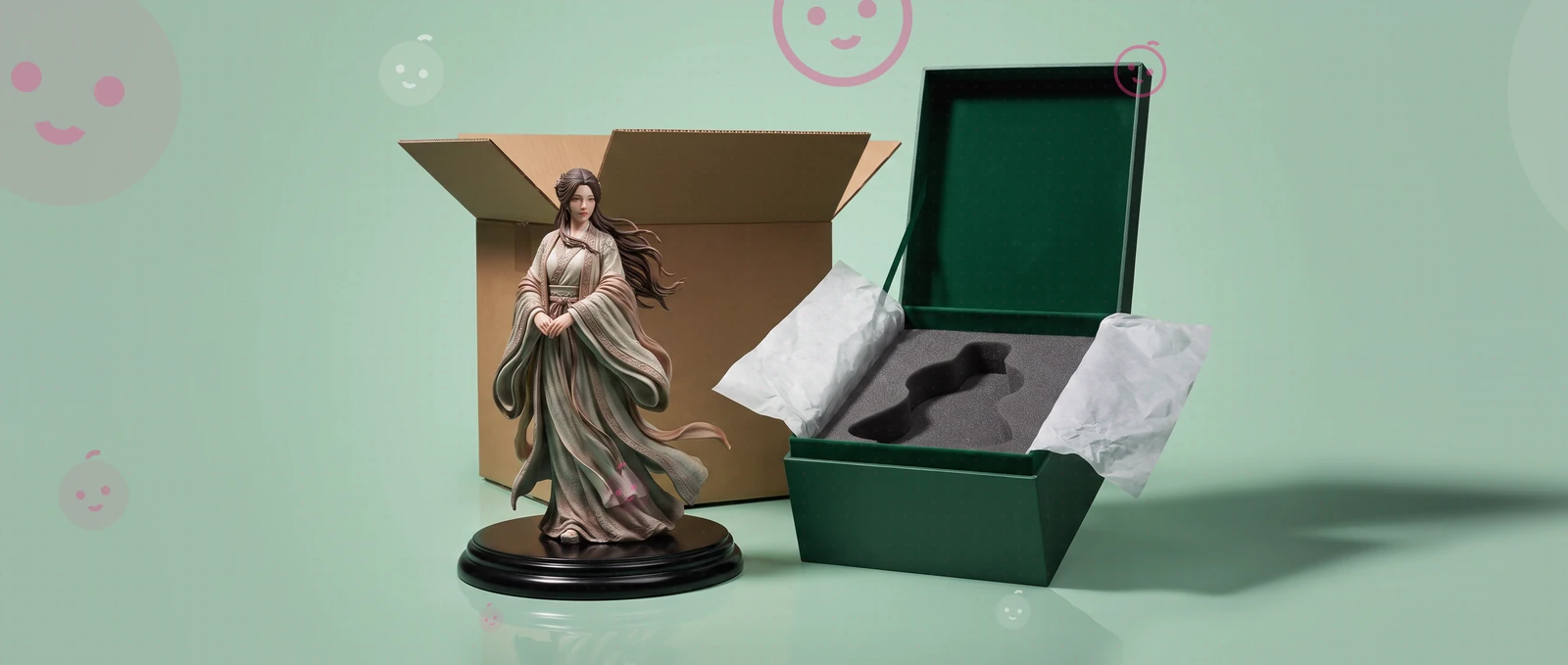 Una figura junto a su caja de envío y su estuche de regalo abierto.