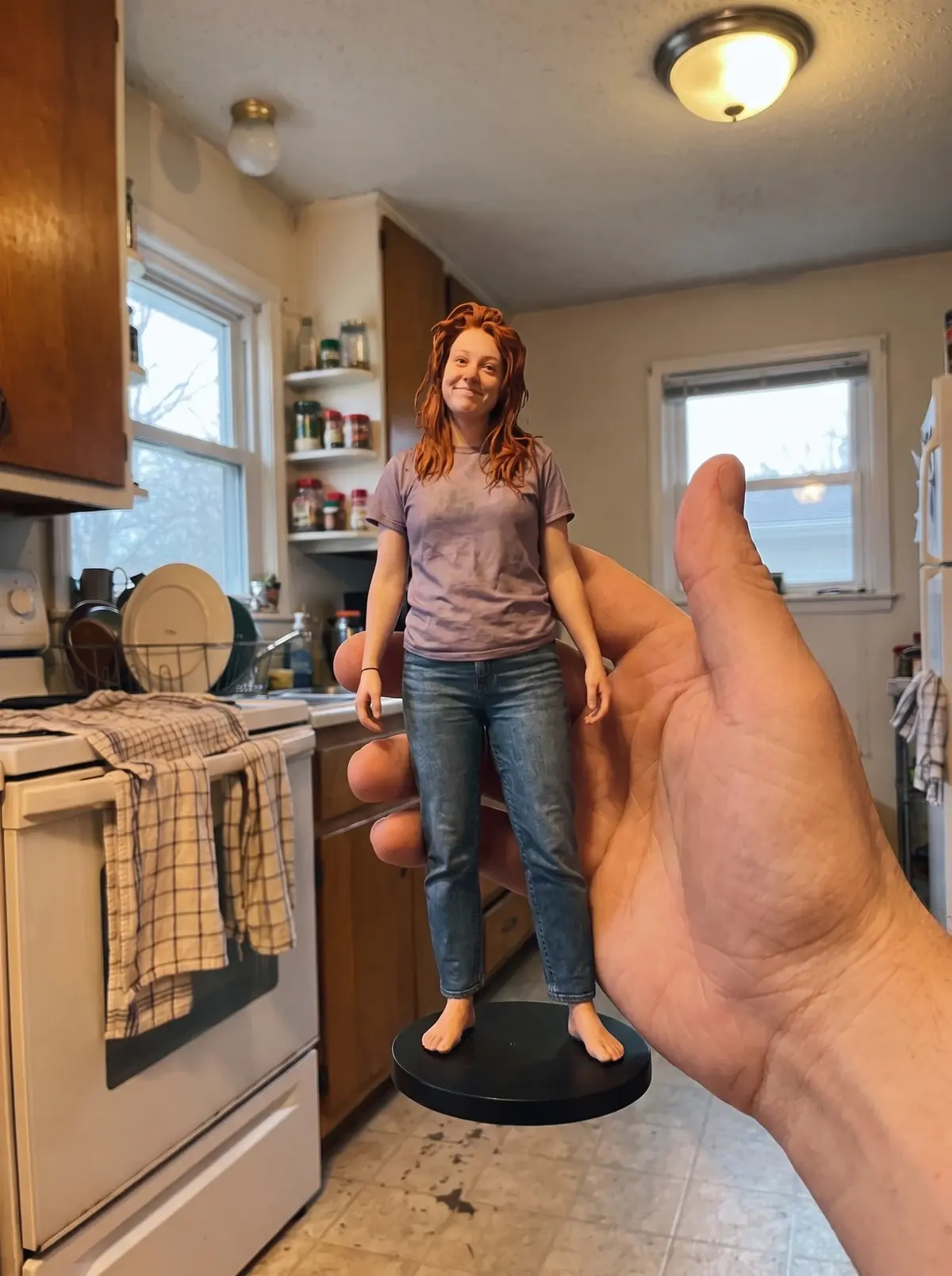 The figurine printed from it: in her kitchen, barefoot, in a t-shirt and jeans.